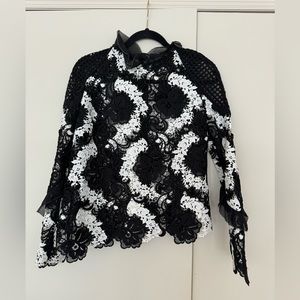 self Portrait Black and white lace top with ruffle detail